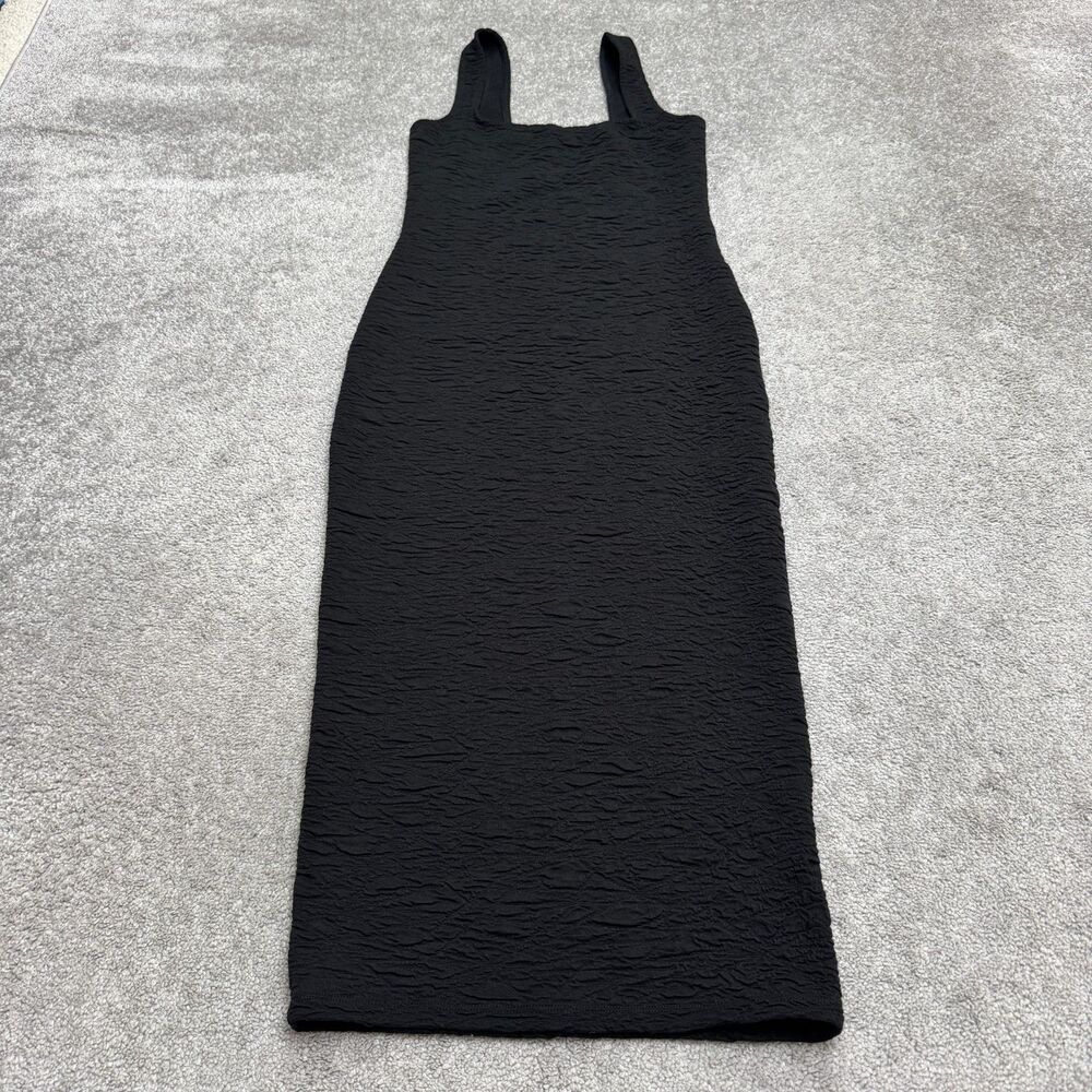 Good American Textured Scrunchie Midi Dress Womens 2 Black Square Neck Stretch